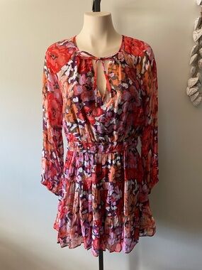 Minkpink Floral Tiered Ruffled Peasant Long Sleeve Dress Orange Pink Tie Front